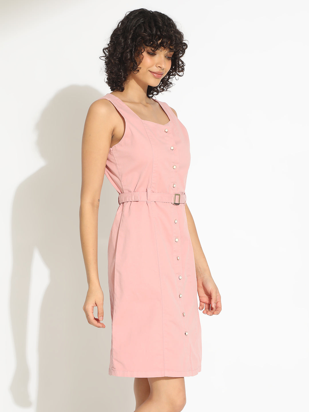 Women's Pink Midi Dress with Pearl Buttons and Belt