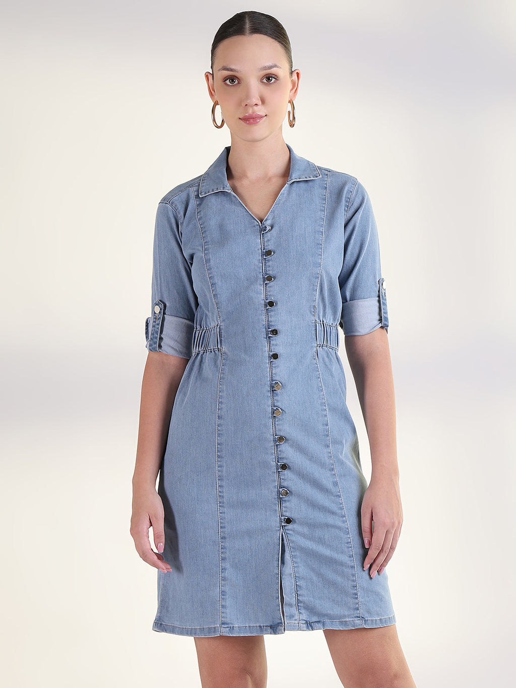 Women's Solid Blue Shirt Knee Length Denim Dress