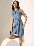 Women's Light Blue Denim Button-Down Shirt Dress with Fabric Belt