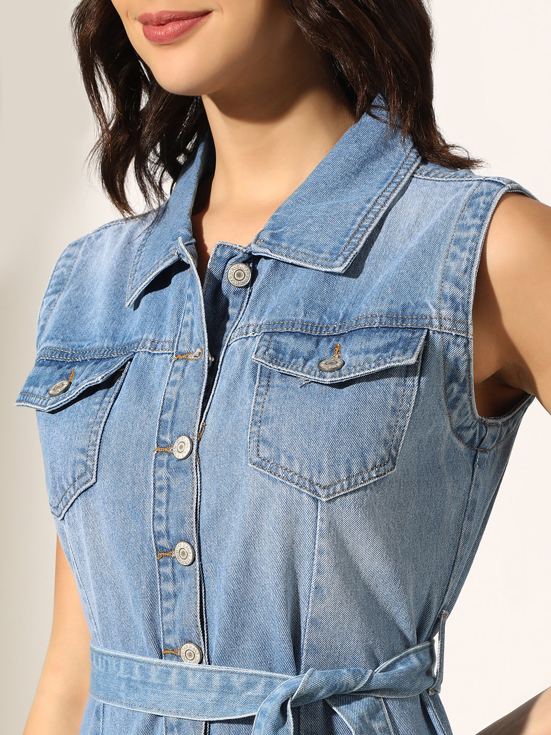 Women's Light Blue Denim Button-Down Shirt Dress with Fabric Belt