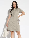 Women's Grey Denim Short Sleeve Knee Length Shirt Dress with Utility Pockets