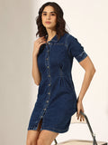 Women's Dark Blue Button-Up Short Sleeve Denim Dress with Waist Darts