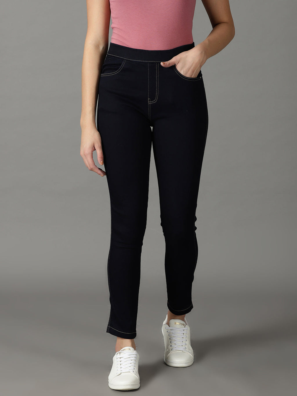 Women's Navy Blue High-Rise Acid Wash Stretchable Jeans