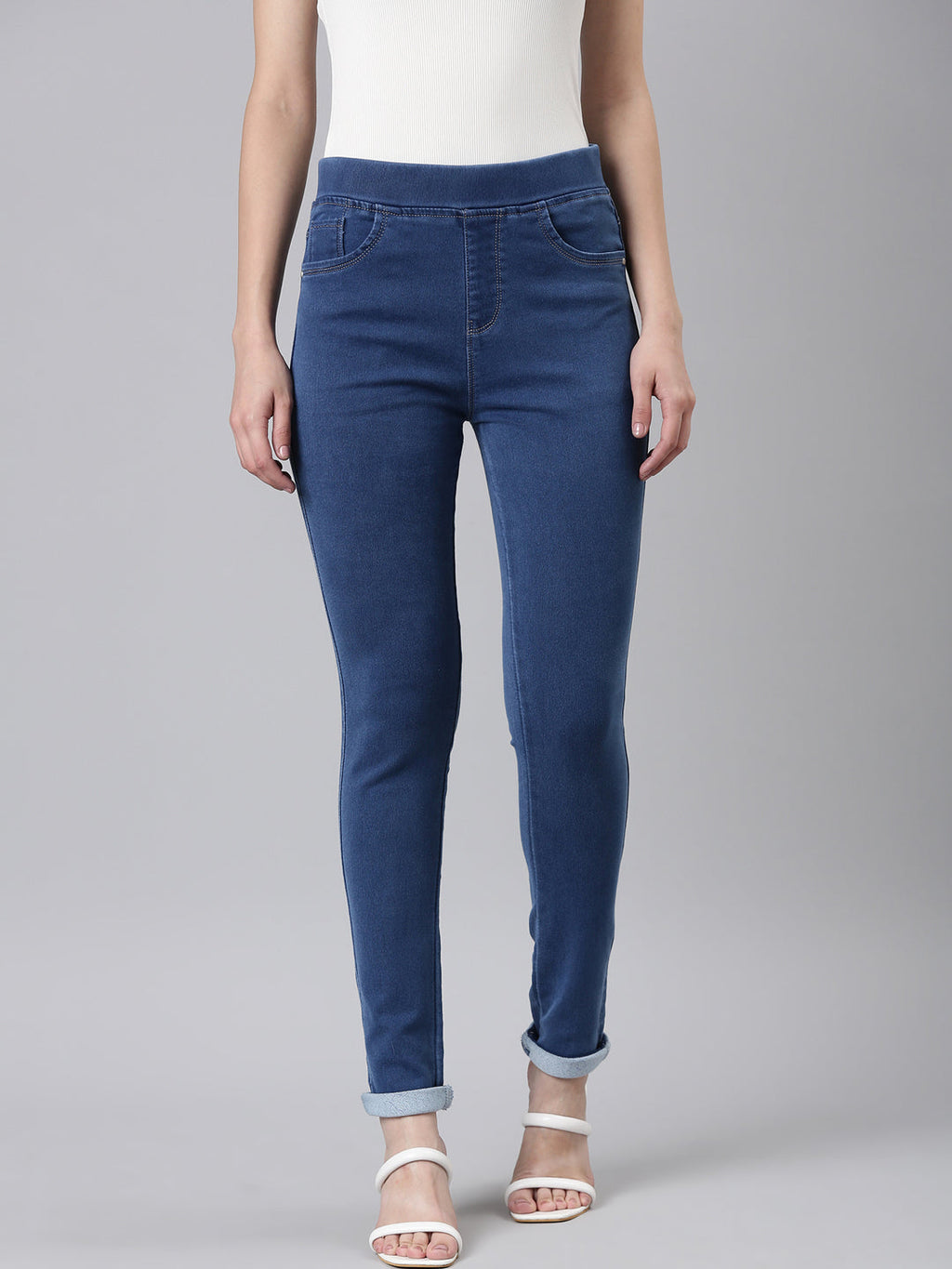 Women's Blue Jean Skinny Fit Cuffed Hem High-Rise Denim Jeans