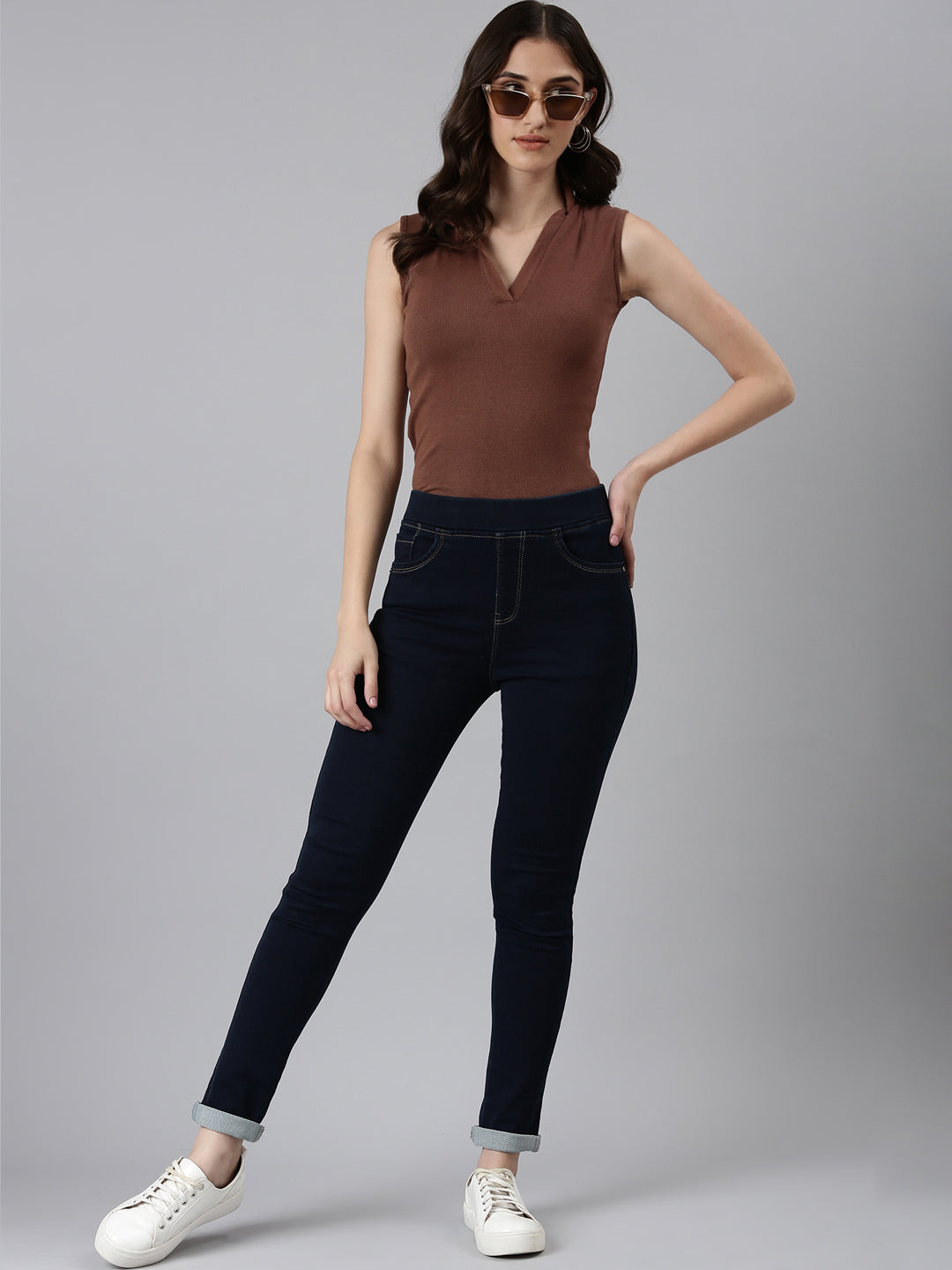 Women's Navy Blue Cuffed Hem Skinny Fit Mid-Rise Denim Jean