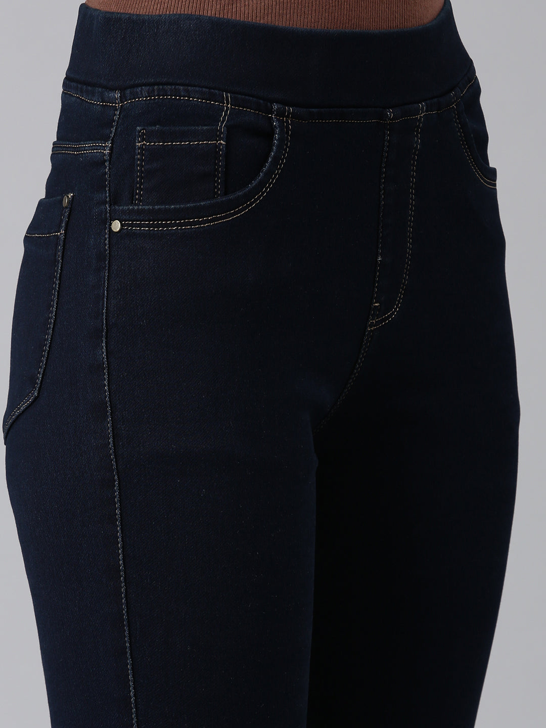 Women's Navy Blue Cuffed Hem Skinny Fit Mid-Rise Denim Jean