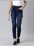 Women's Navy Blue Jogger Mid-Rise Light Fade Acid Wash Denim Jeans