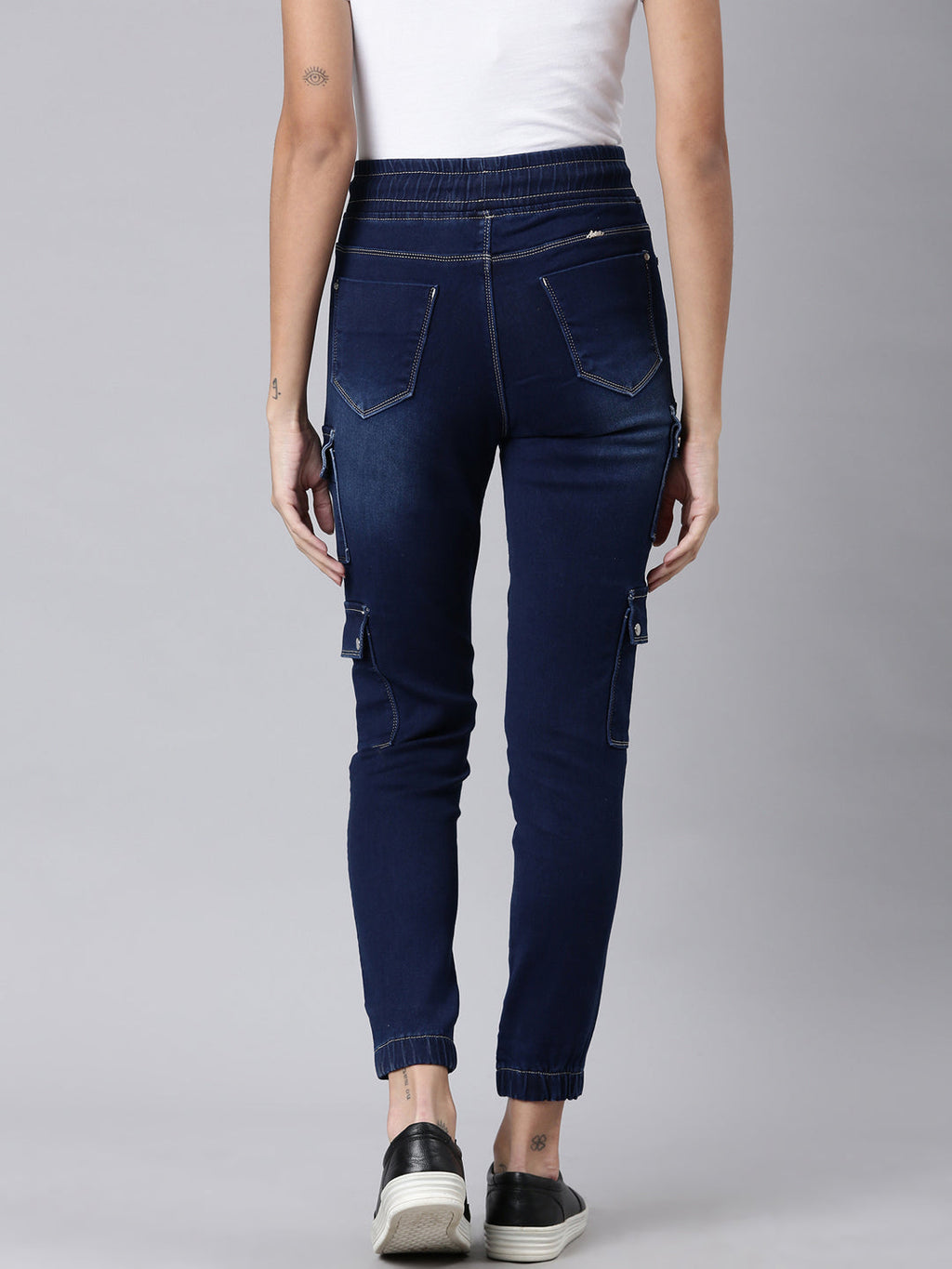 Women's Navy Blue Jogger Mid-Rise Light Fade Acid Wash Denim Jeans