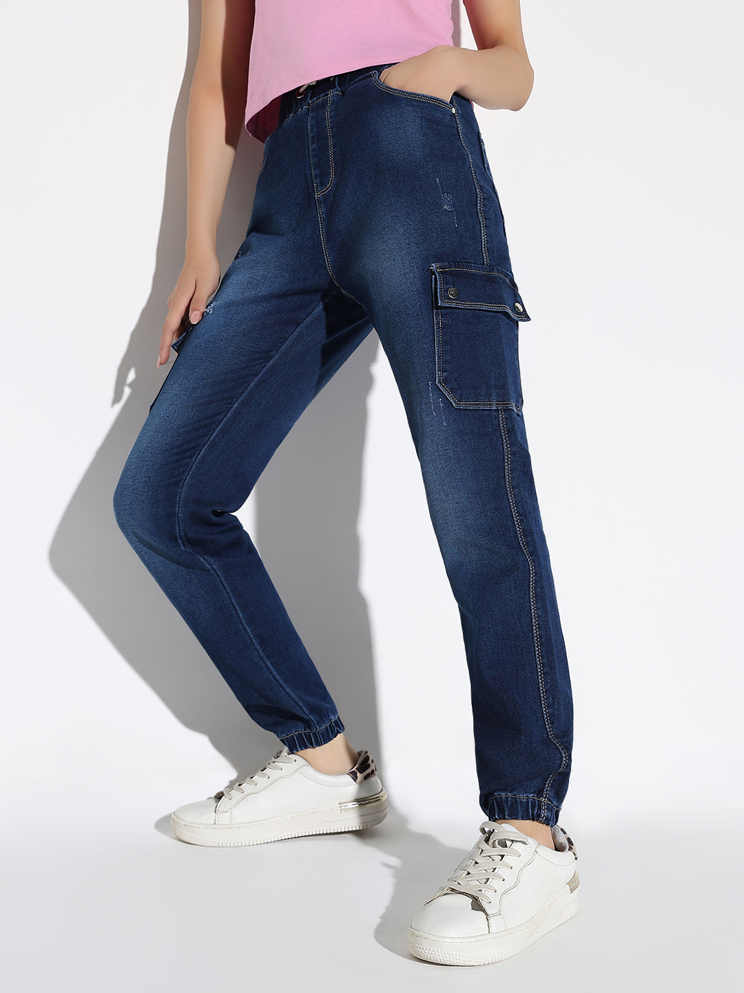Women's Blue Comfort Jogger Light Fade Acid Wash Stretchable Regular Fit Jeans