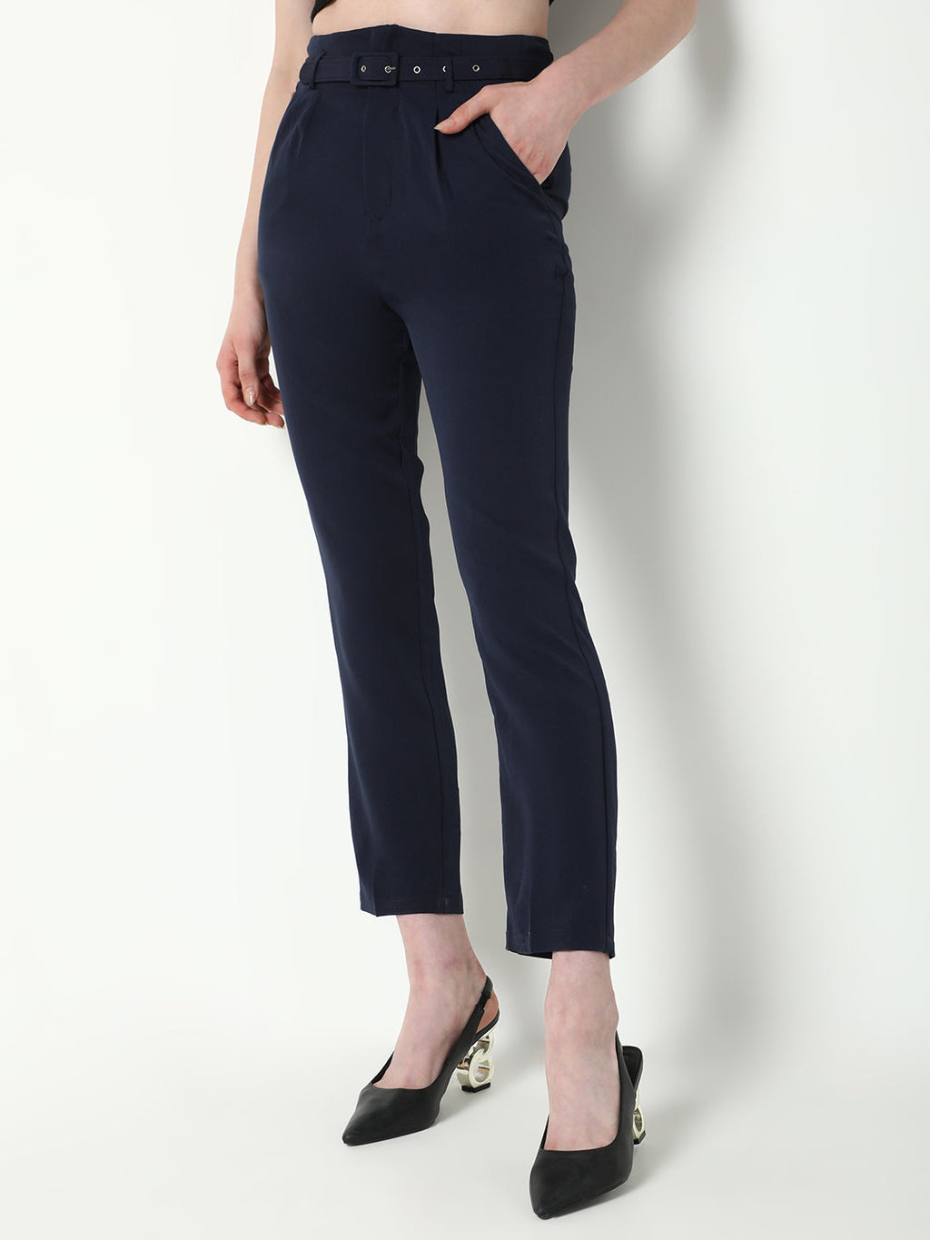 Women's Navy Blue Solid Formal Trousers with Belt
