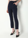 Women's Navy Blue Solid Formal Trousers with Belt