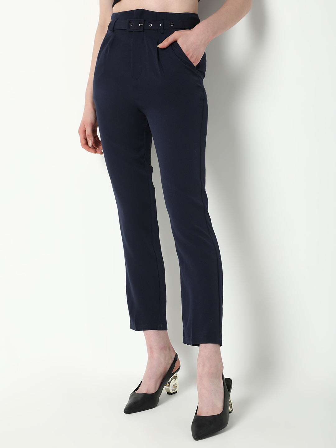 Women's Navy Blue Solid Formal Trousers with Belt