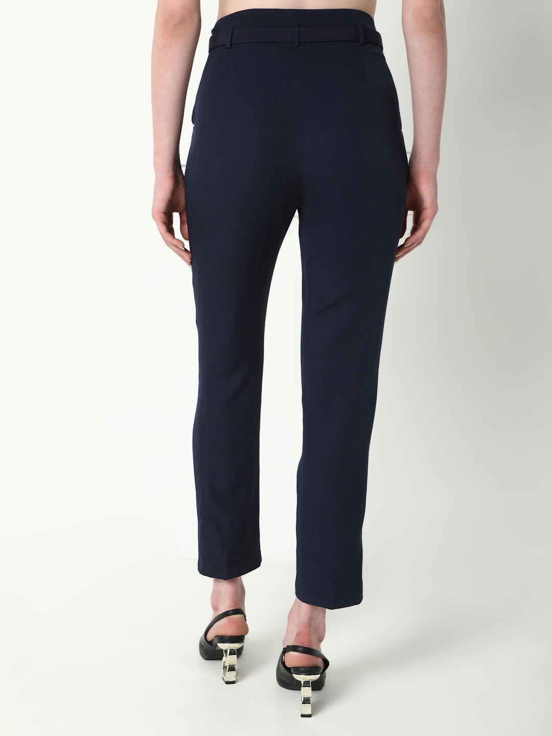Women's Navy Blue Solid Formal Trousers with Belt