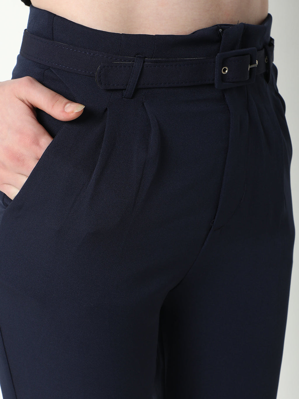 Women's Navy Blue Solid Formal Trousers with Belt