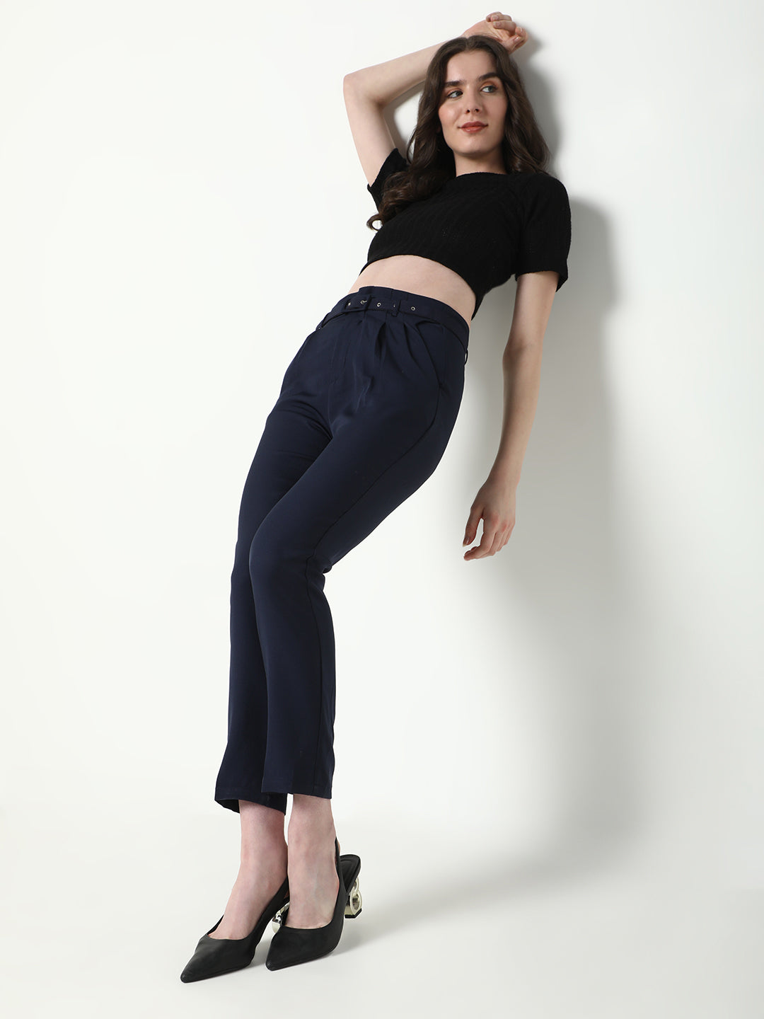 Women's Navy Blue Solid Formal Trousers with Belt
