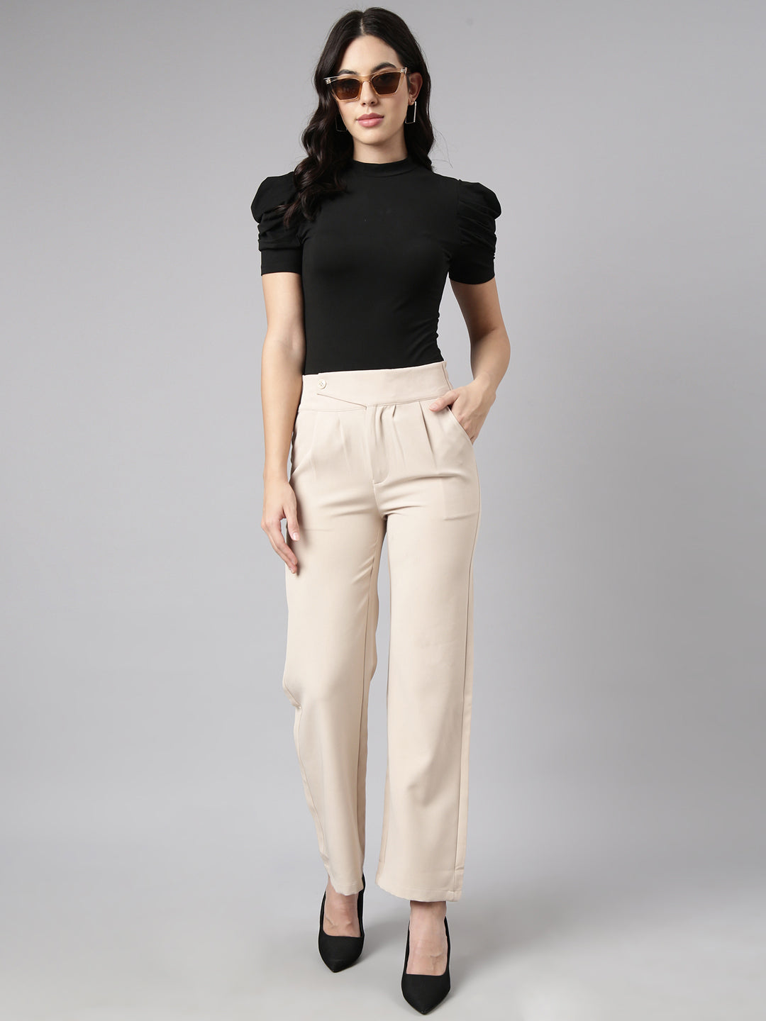 Women's Beige Comfort Regular Fit Cotton Parallel Trouser