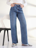 Women's Solid Blue Frayed Hem Straight Fit Jean