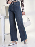 Women's Solid Blue Frayed Hem Straight Fit Jean