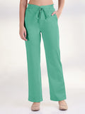 Women's Green Straight Fit Cotton Trousers with Waist Tie up and Button