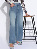 Women's Solid Blue Frayed Hem Straight Fit Jeans