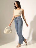 Women's Blue High-Rise Straight Fit Jeans with Curved Panel Detail
