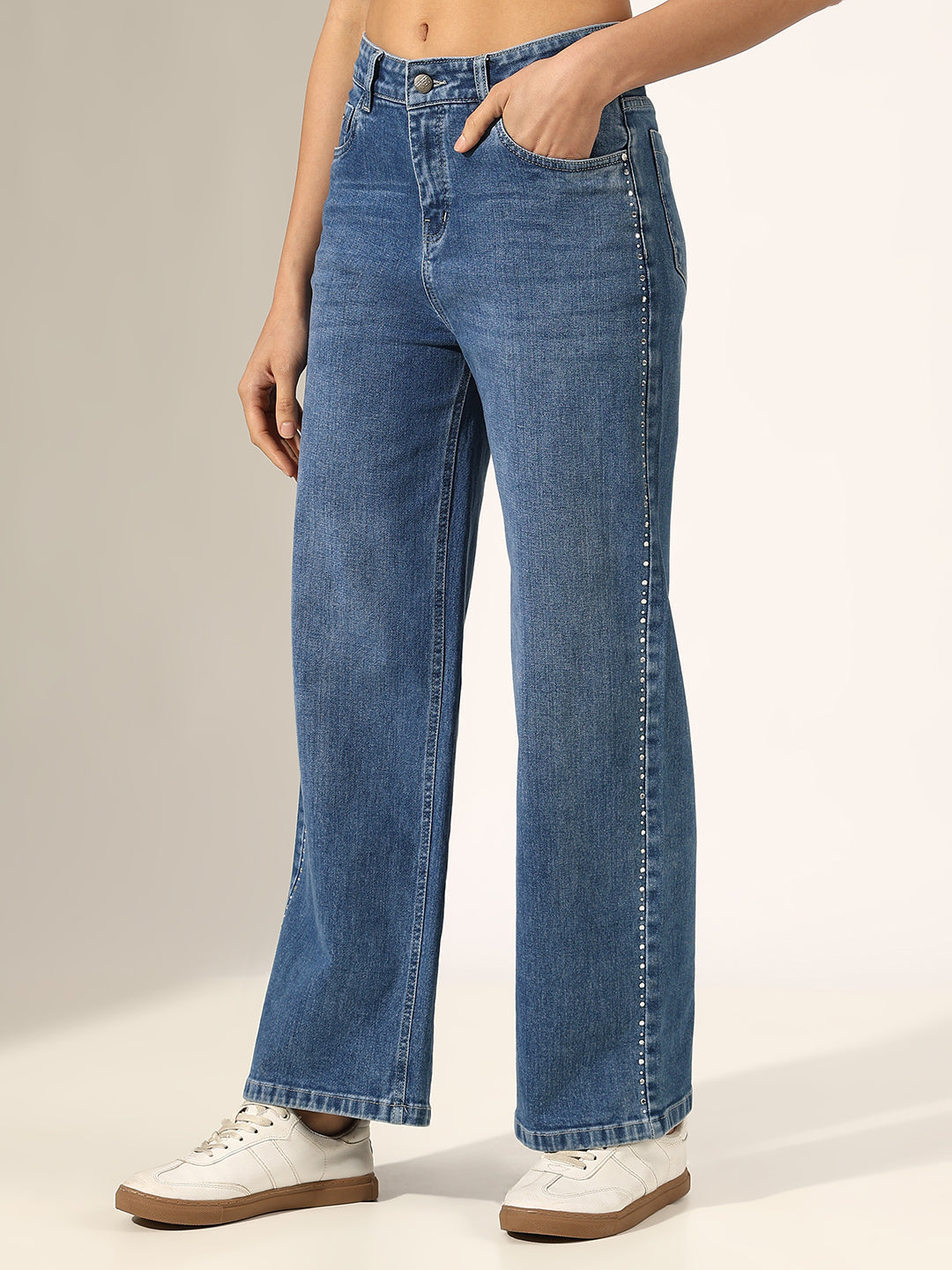 Women's Blue Mid-Rise Straight Fit Jeans with Side Seam Embellishments