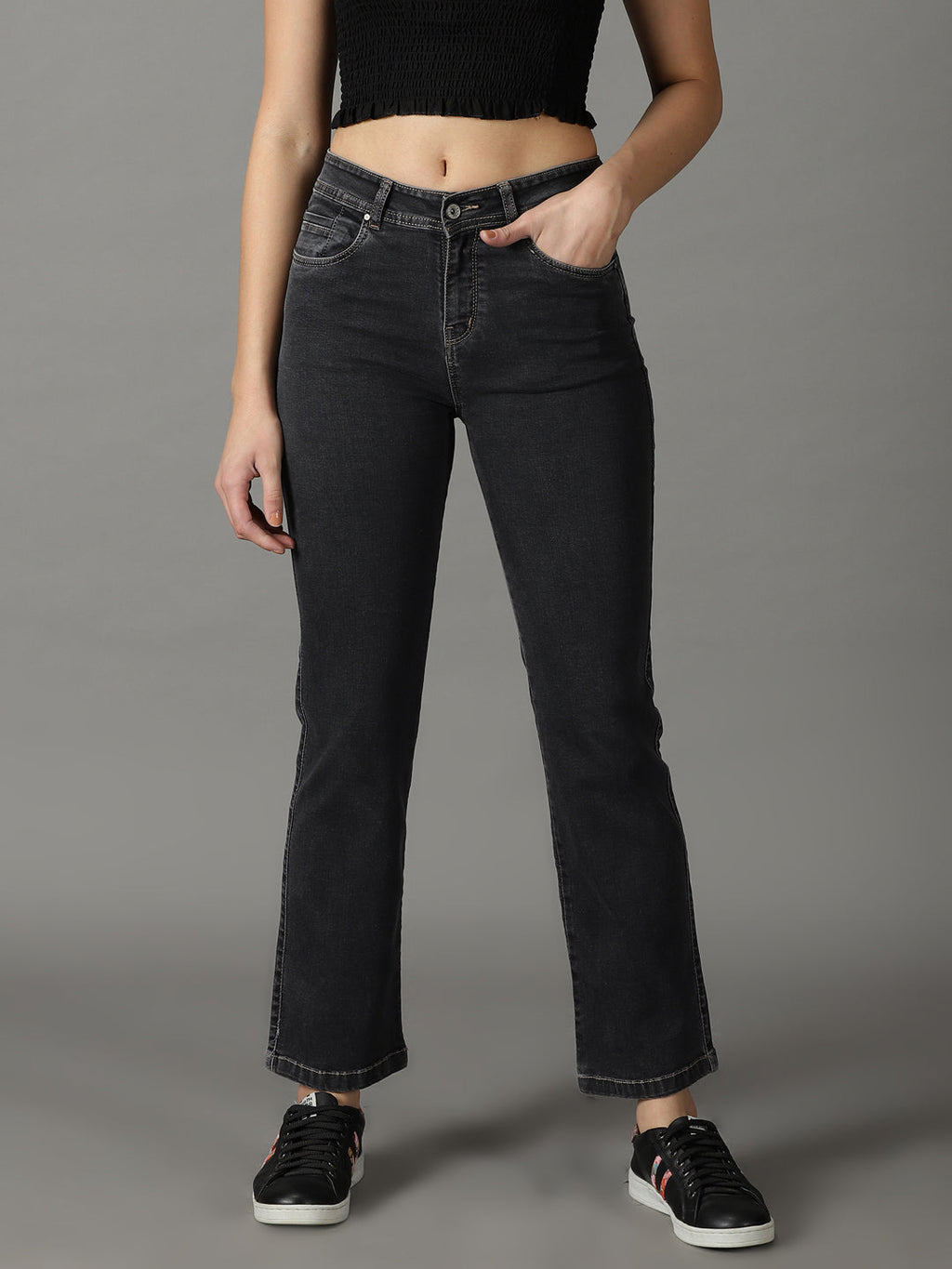 Women's Grey Straight Fit Acid Wash Stretchable Jeans