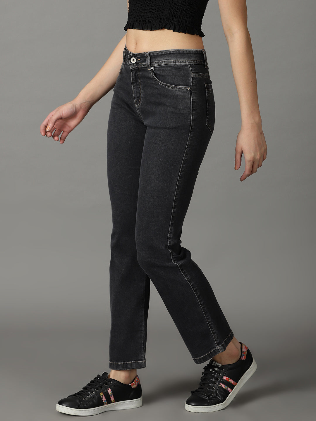 Women's Grey Straight Fit Acid Wash Stretchable Jeans