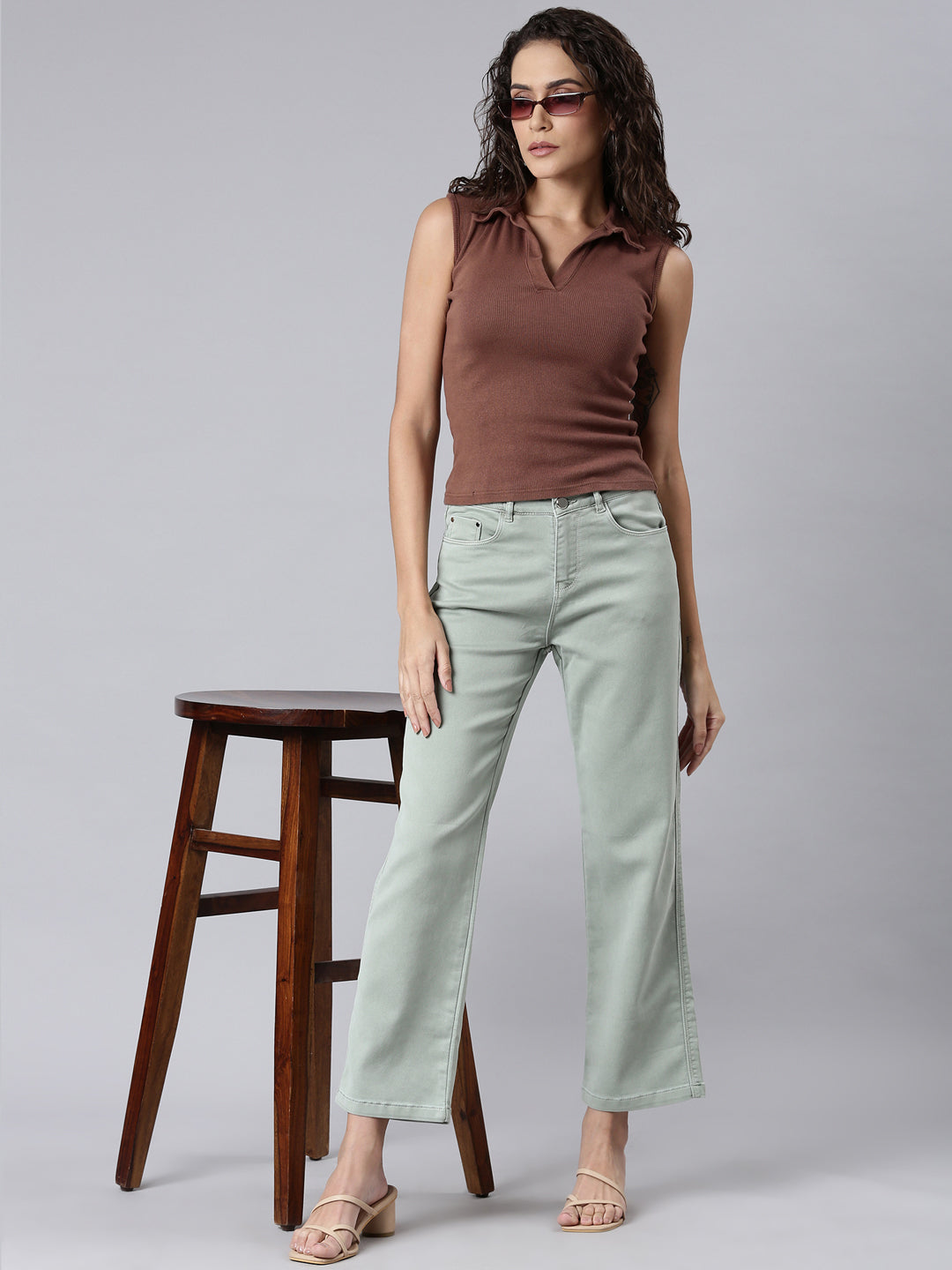 Women's Green Straight Fit Acid Wash High-Raise Denim Jeans