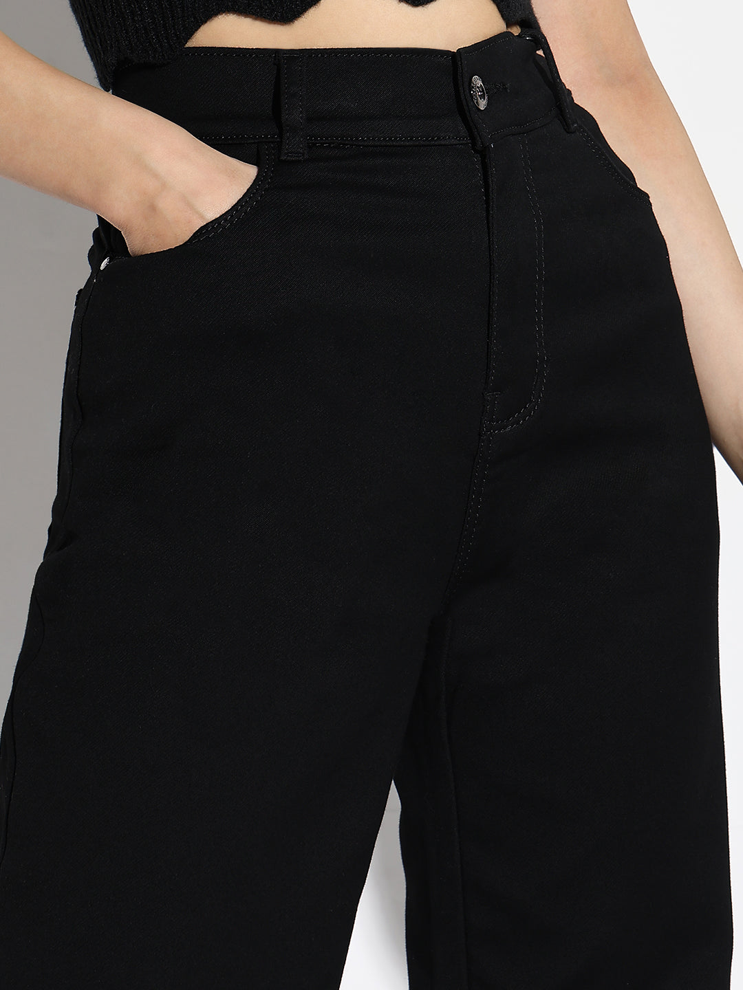 Women's Black Cotton Comfort Straight Fit Acid Wash Stretchable Jeans