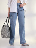 Women's Solid Blue Straight Fit Cargo Jean