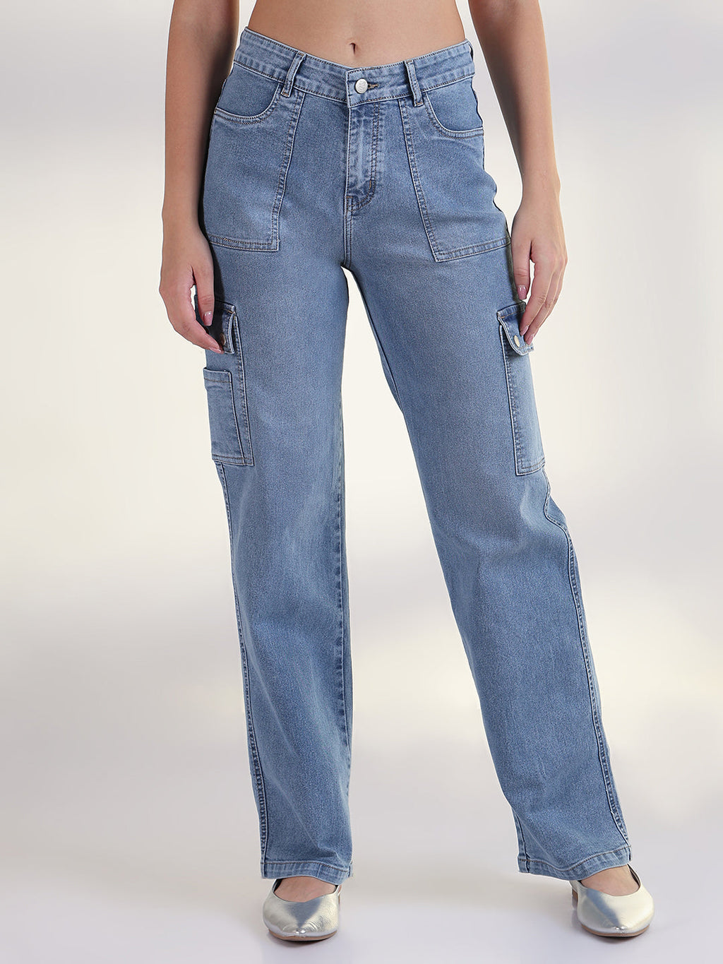 Women's Solid Blue Straight Fit Cargo Jean