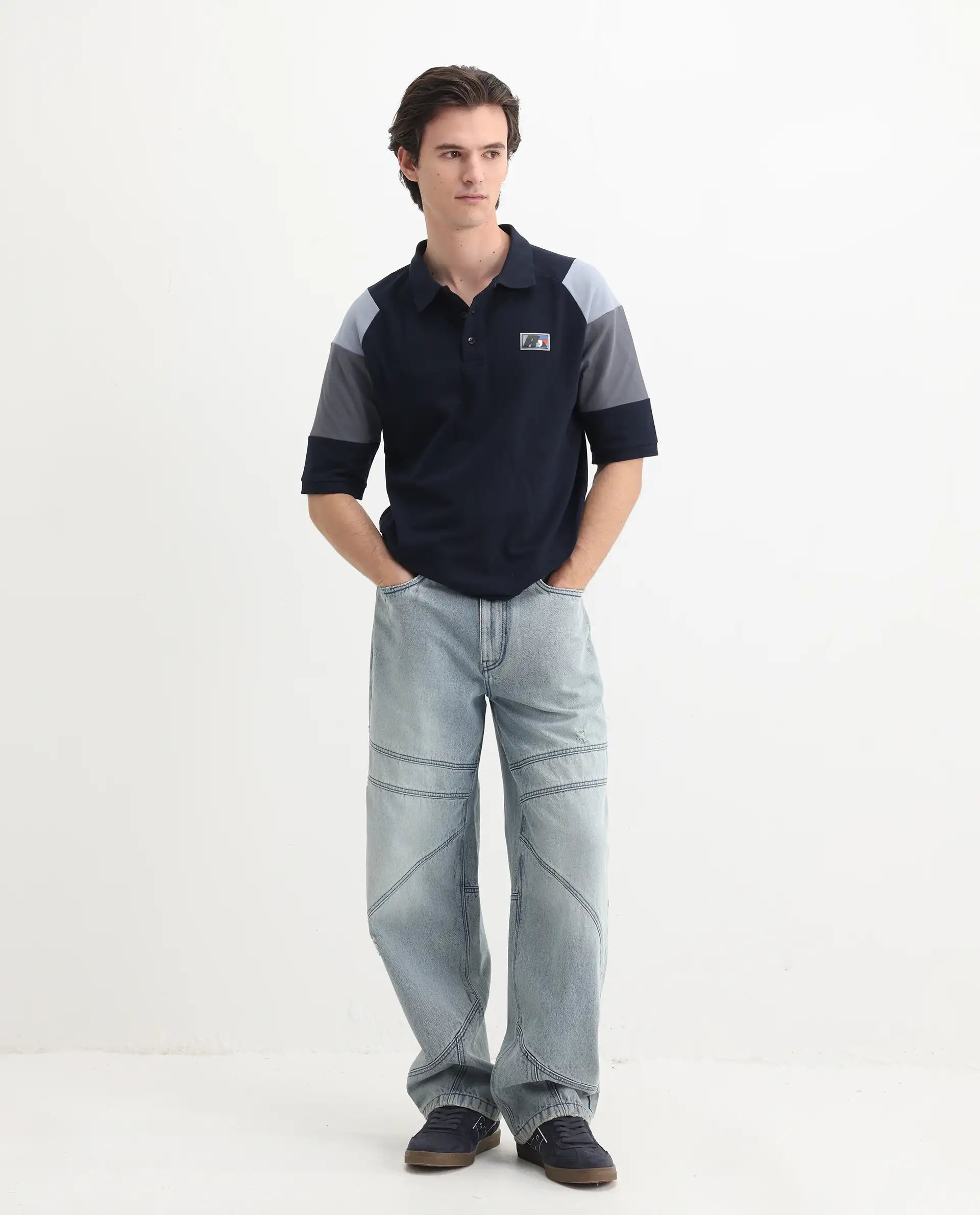 Rare Rabbit Men's Lucid Navy Cotton Blend Cut And Sew Relaxed Fit Half Sleeve Polo
