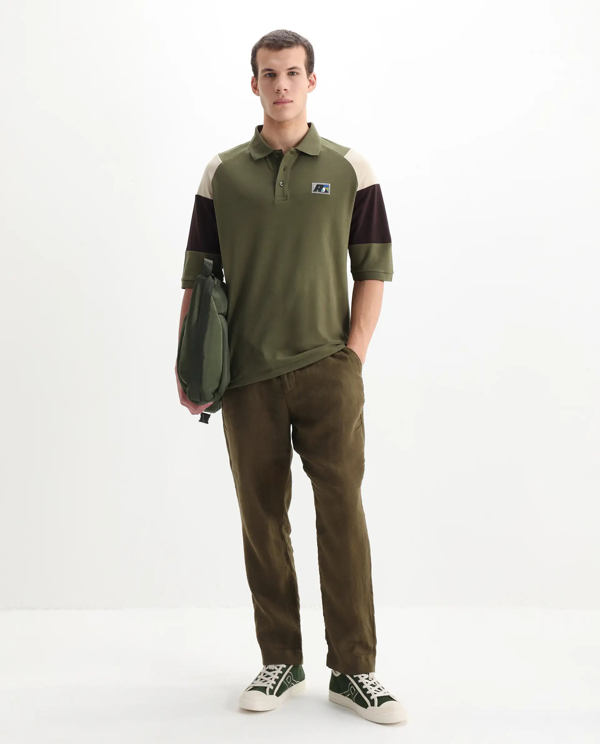 Rare Rabbit Men's Lucid Olive Cotton Blend Cut And Sew Relaxed Fit Half Sleeve Polo