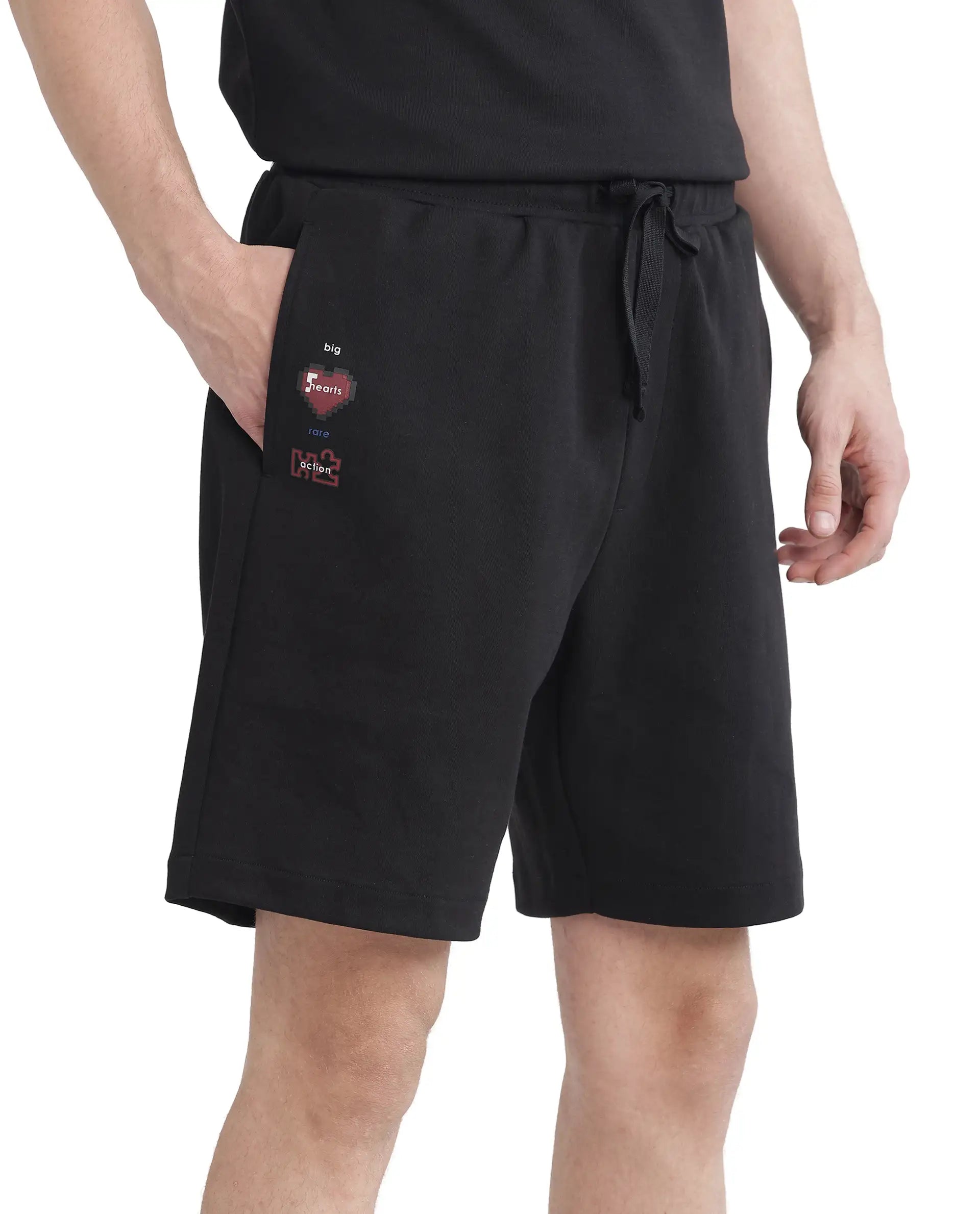 Rare Rabbit Men's Lux Black Cotton Blend Plain Relaxed Fit Shorts