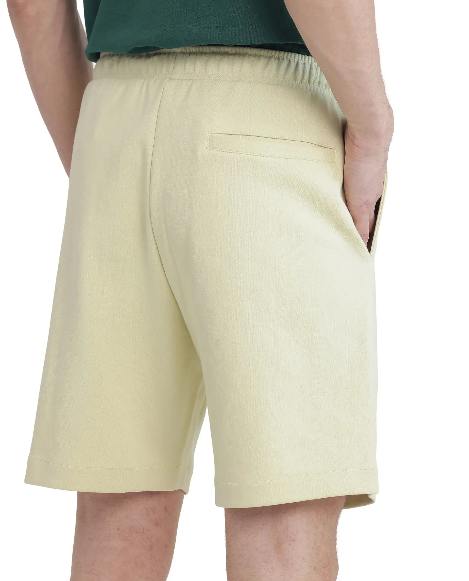 Rare Rabbit Men's Lux Pastel Yellow Cotton Blend Plain Relaxed Fit Shorts