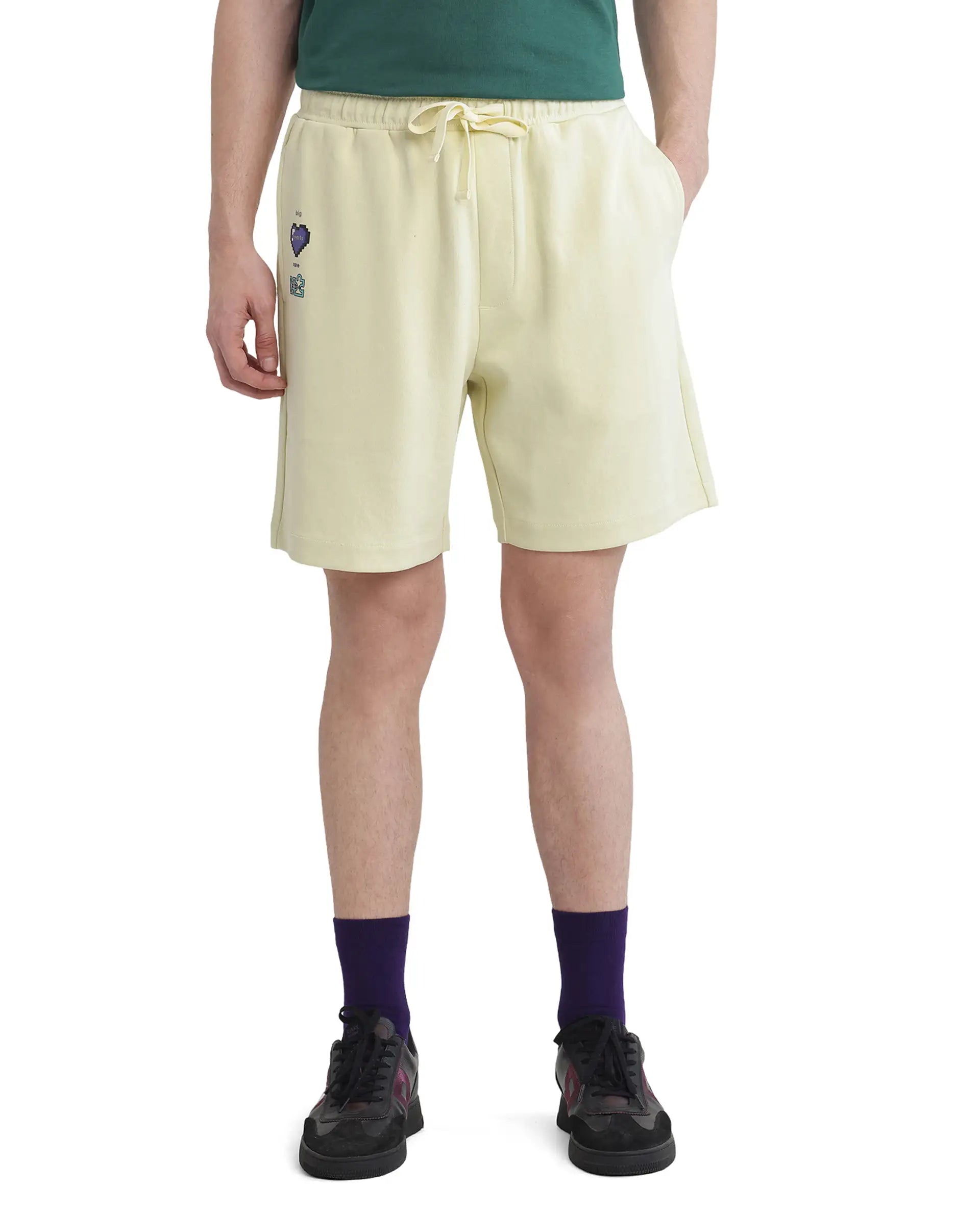 Rare Rabbit Men's Lux Pastel Yellow Cotton Blend Plain Relaxed Fit Shorts