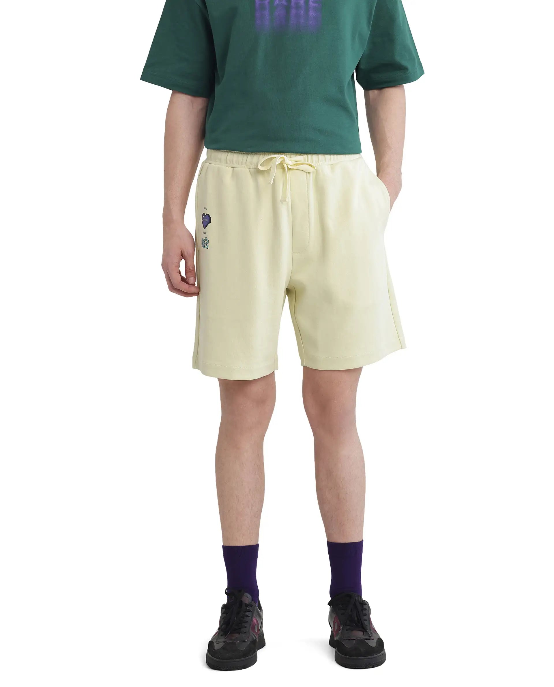 Rare Rabbit Men's Lux Pastel Yellow Cotton Blend Plain Relaxed Fit Shorts