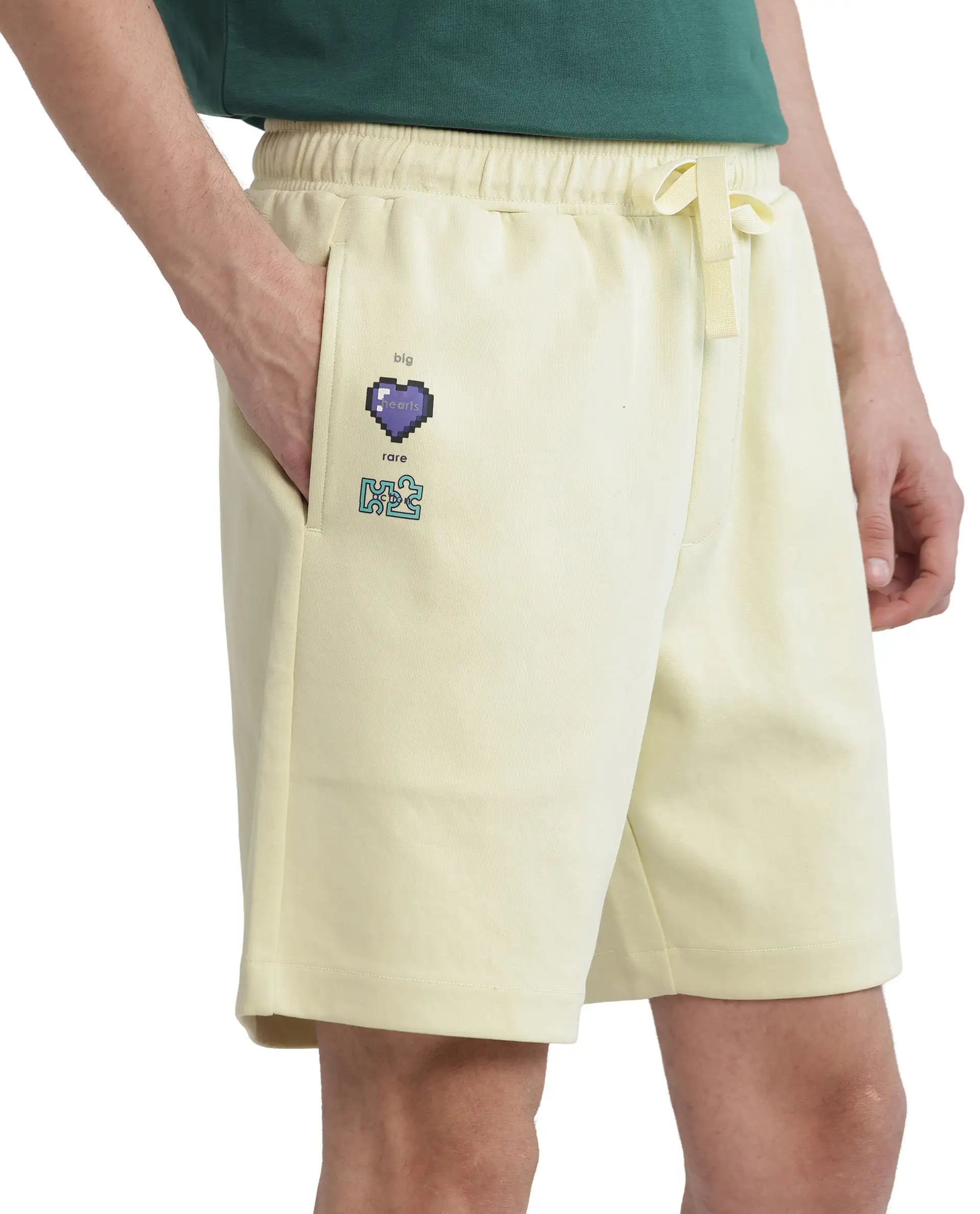 Rare Rabbit Men's Lux Pastel Yellow Cotton Blend Plain Relaxed Fit Shorts