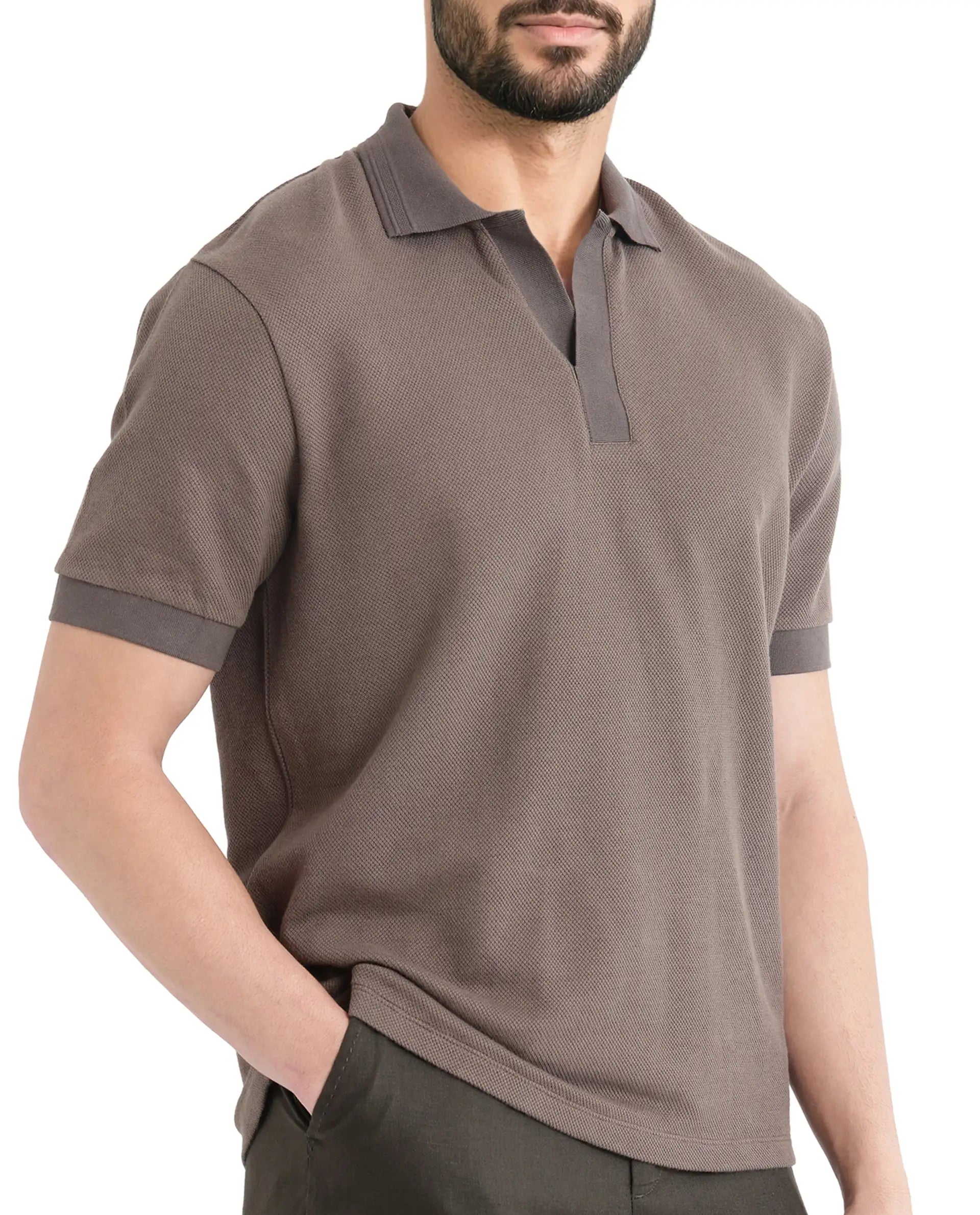 Rare Rabbit Men's Marcelon Dusky Olive Cotton Blend Jacquard Regular Fit Half Sleeve Polo