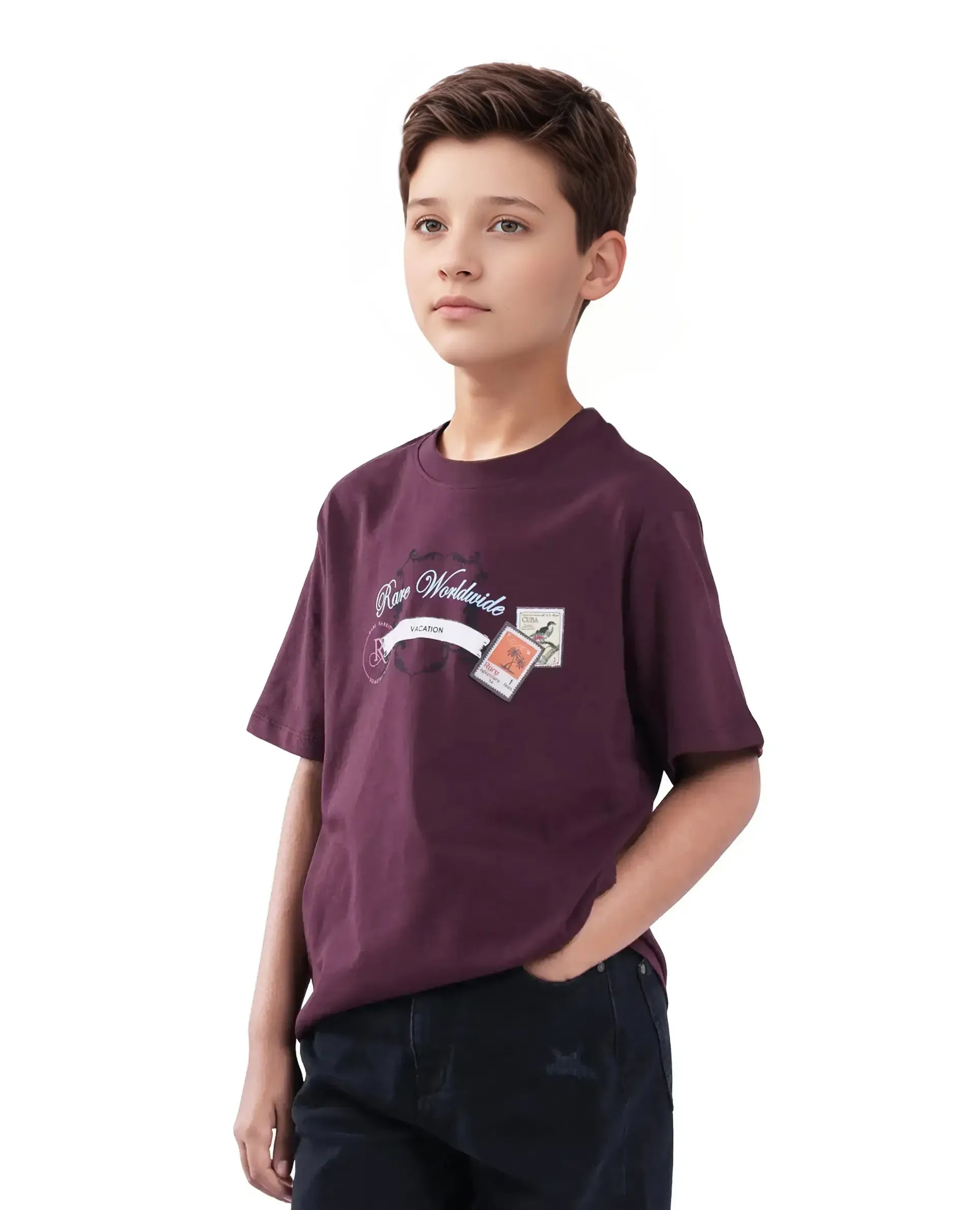 Rare Ones Kids Marn Maroon Cotton Blend Half Sleeve Slip-On Printed Regular Fit T-Shirt