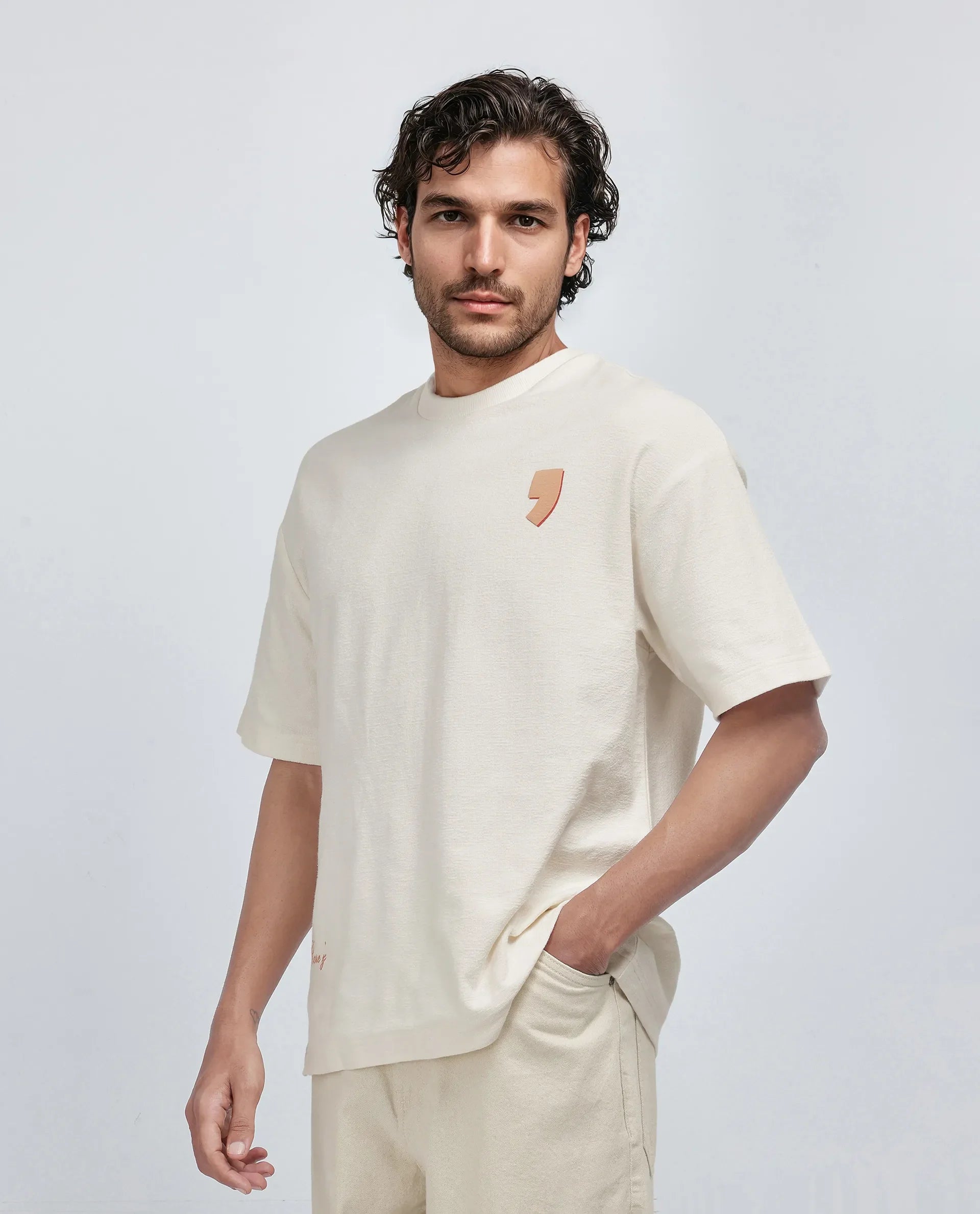 Rare Rabbit Men's Marsa Off White Cotton Blend Graphic Print Oversized Fit Half Sleeve Crew Neck T-Shirt