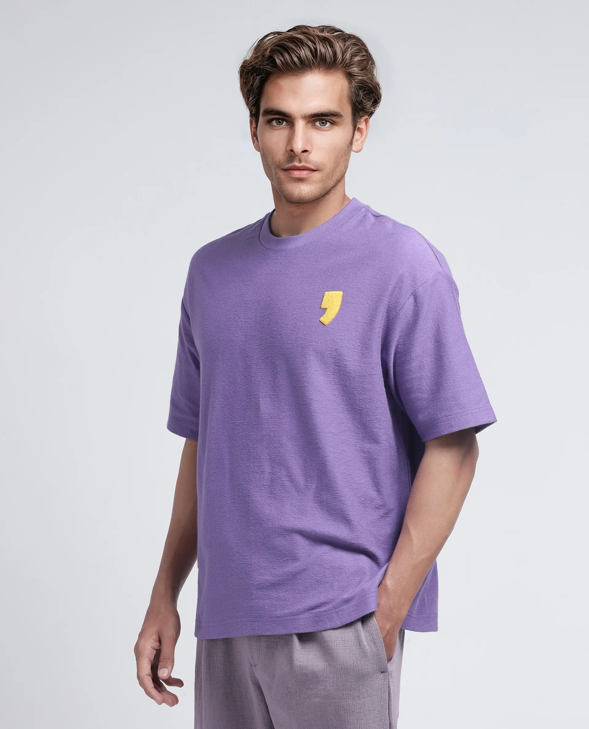 Rare Rabbit Men's Marsa Purple Cotton Blend Graphic Print Oversized Fit Half Sleeve Crew Neck T-Shirt