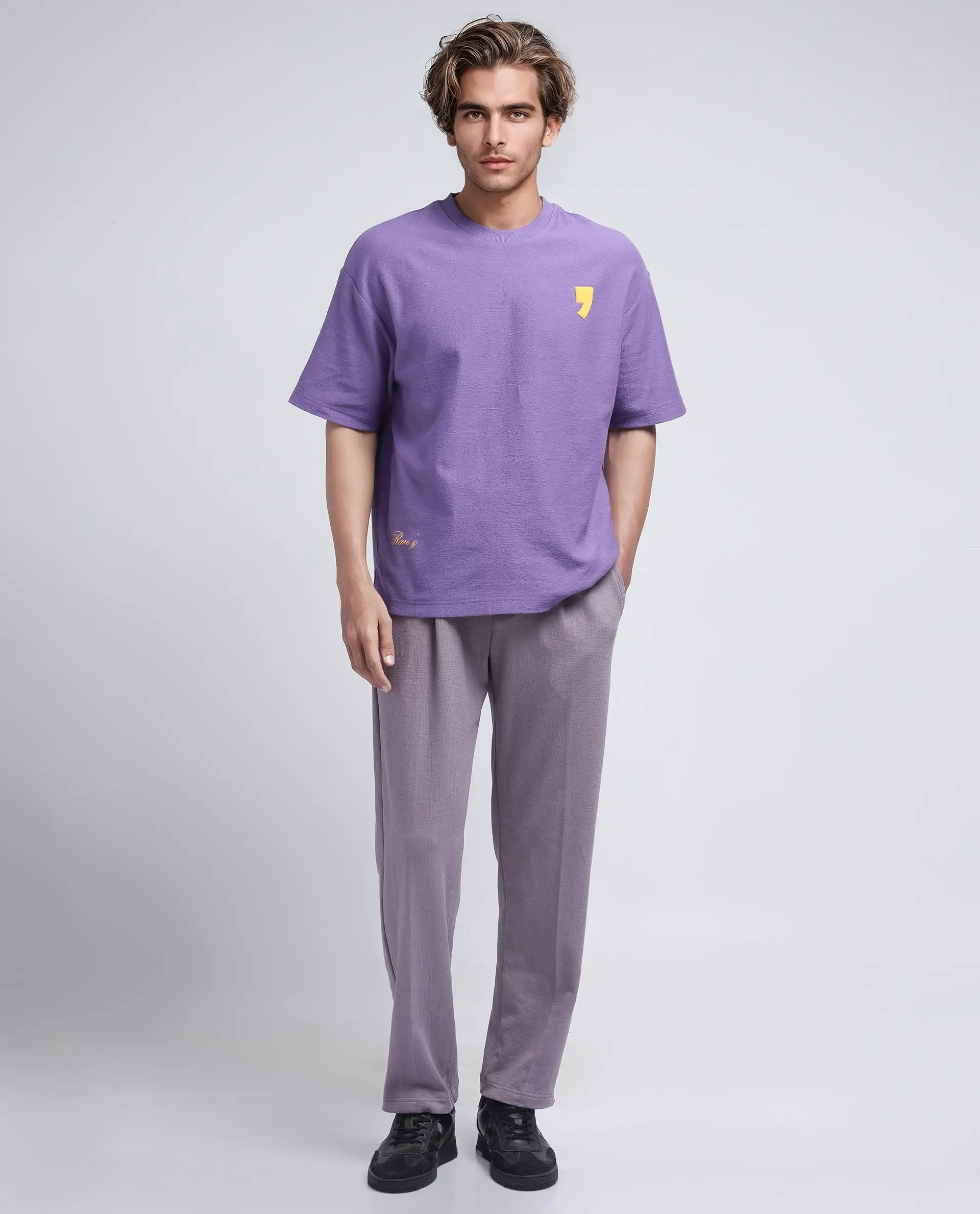 Rare Rabbit Men's Marsa Purple Cotton Blend Graphic Print Oversized Fit Half Sleeve Crew Neck T-Shirt
