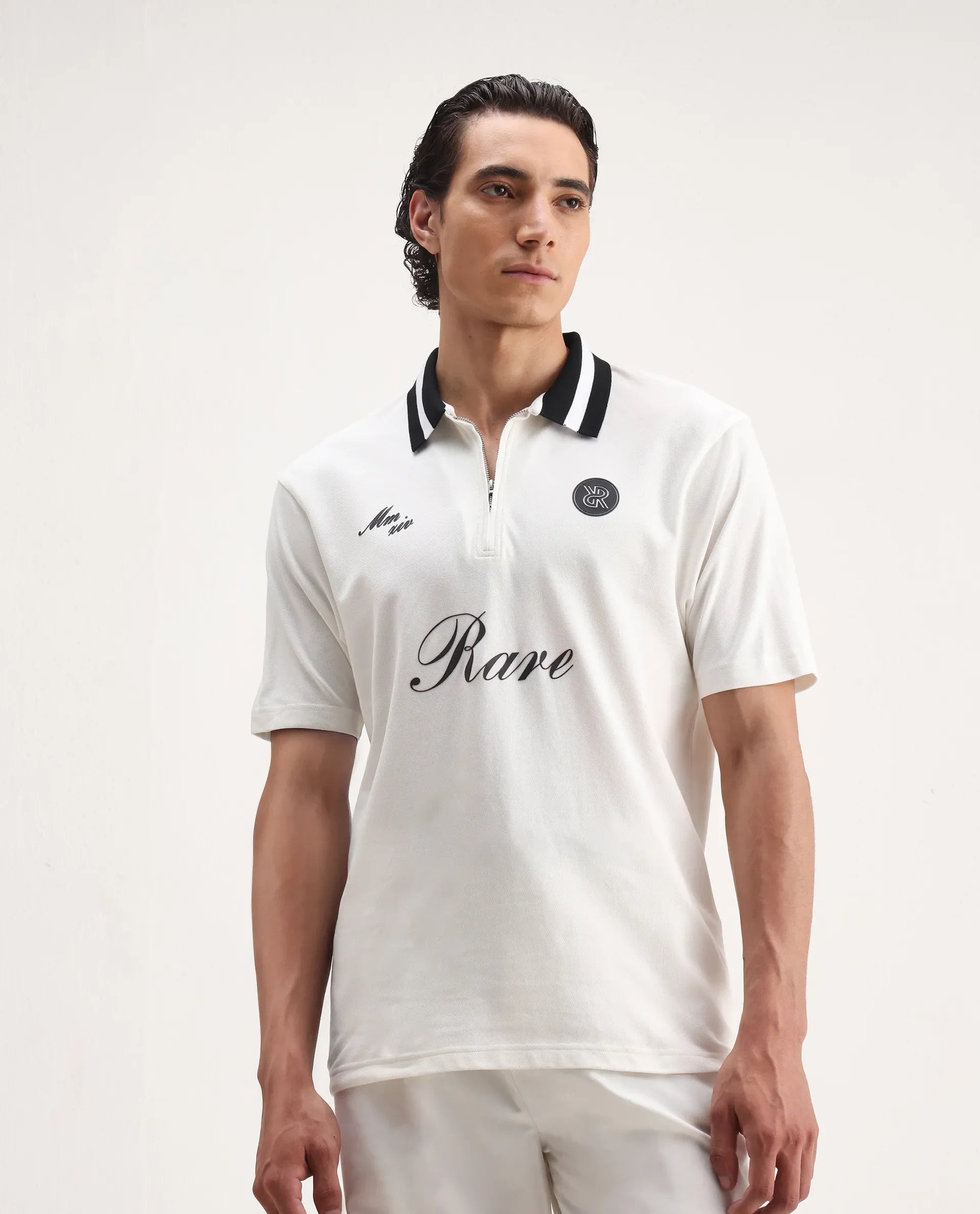 Rare Rabbit Men's Mateo White Cotton Blend Embroidered Regular Fit Half Sleeve Polo