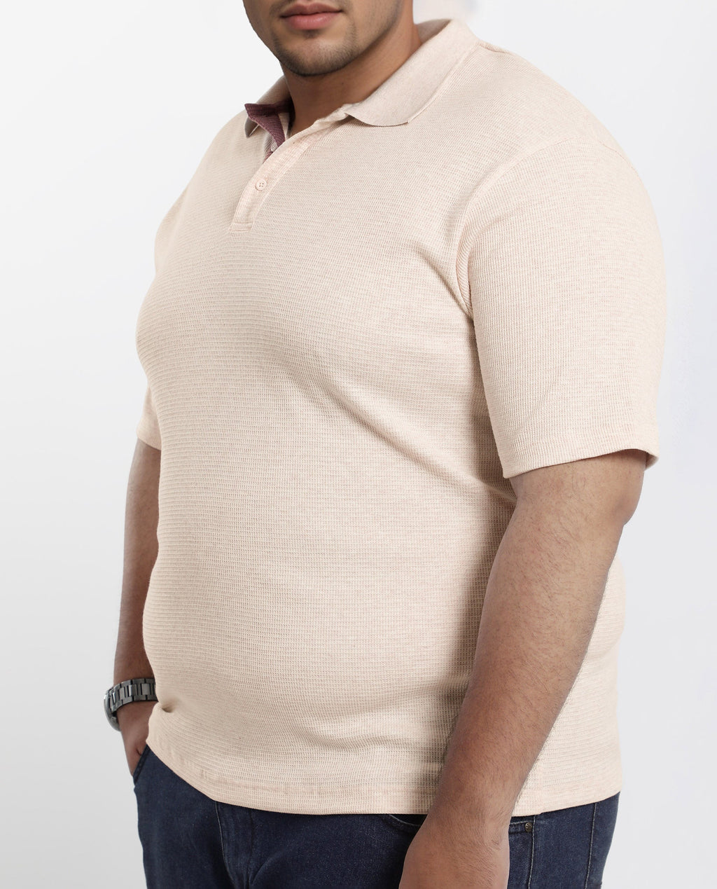 Rare Rabbit Men Mello-Big Beige Cotton Blend Half Sleeve Spread Collar Button Closure Plain Polo Plus Size