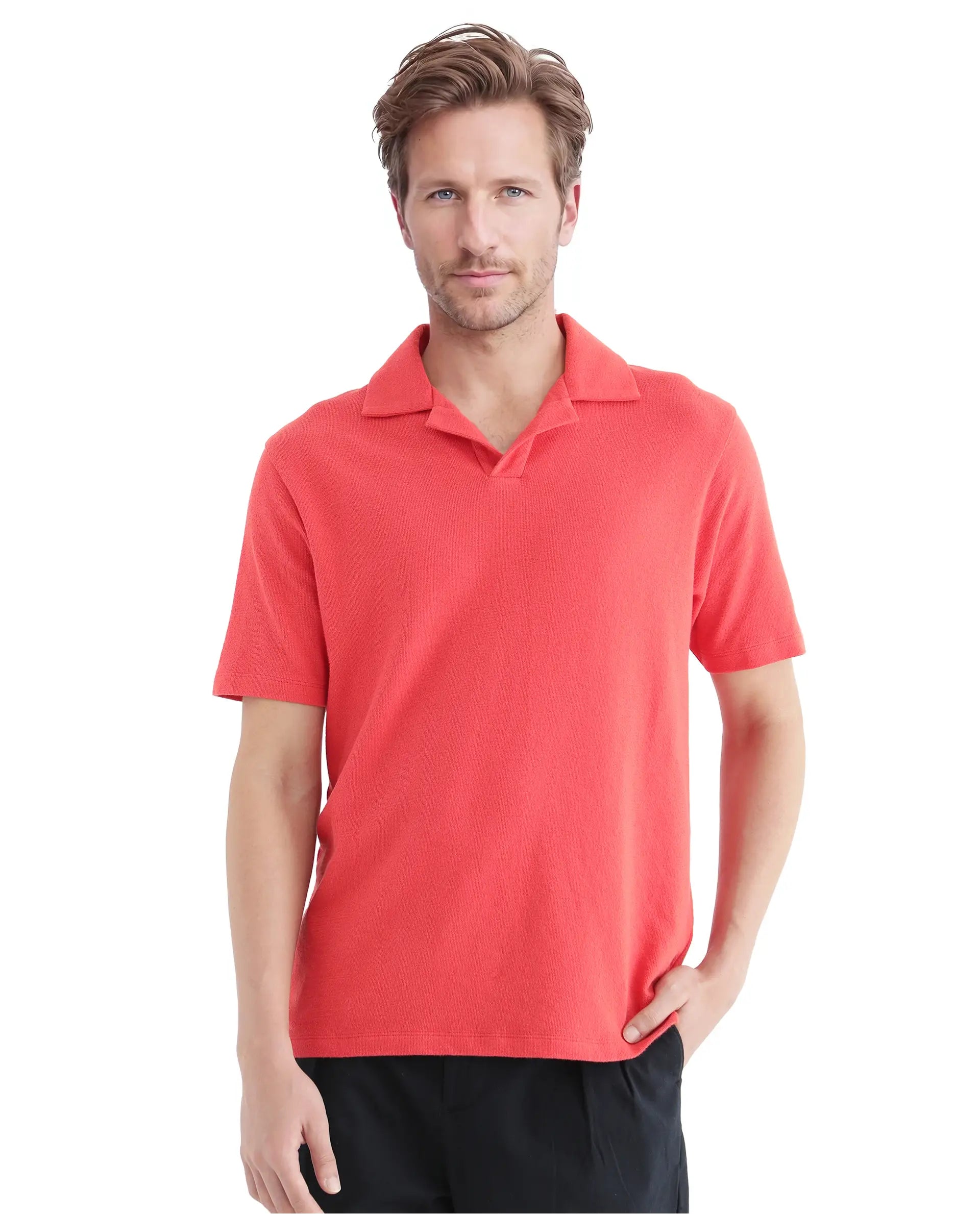 Rare Rabbit Men's Merko Dark Orange Cotton Plain Regular Fit Half Sleeve Polo