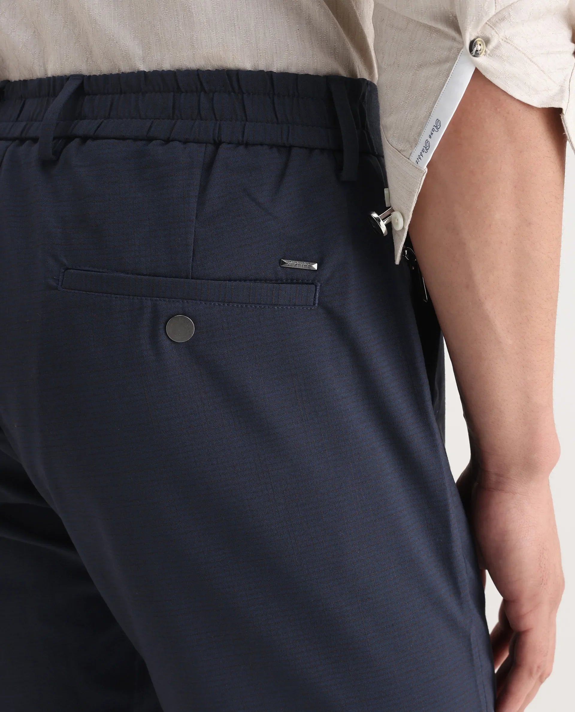 Rare Rabbit Men's Micras Navy Cotton Blend Checked Print Regular Fit Trouser