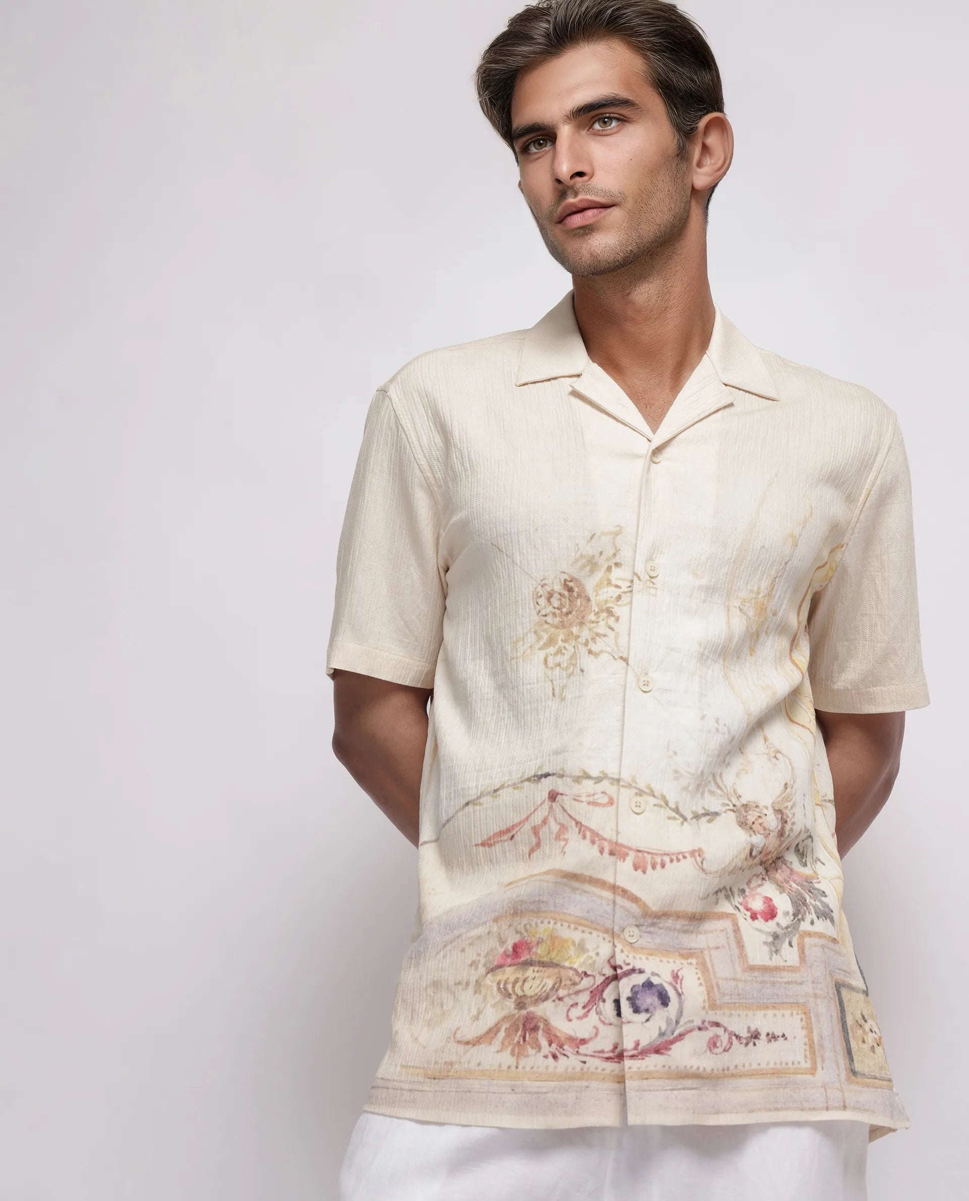 Rare Rabbit Men's Mio Beige Viscose Placement Print Boxy Fit Half Sleeve Cuban Collar Shirt