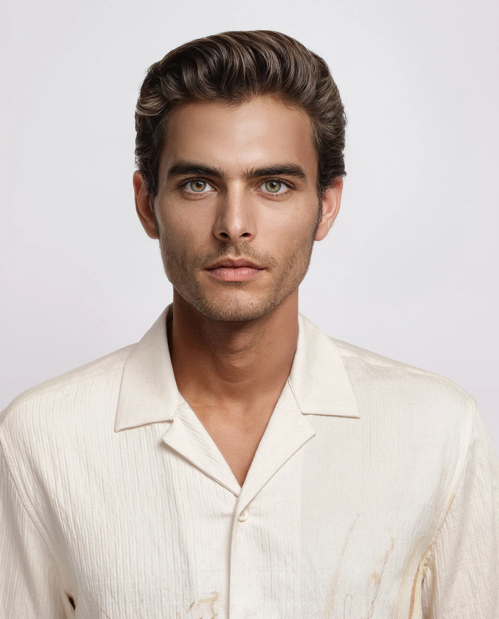 Rare Rabbit Men's Mio Beige Viscose Placement Print Boxy Fit Half Sleeve Cuban Collar Shirt